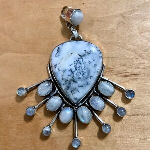 Unique XXL Dichroic Opal & Moonstone Pendant Necklace - 925 Plated/Stamped